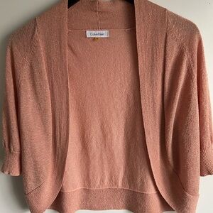 Calvin Klein Peach Shrug/Bolero Sweater, Sz M Like New, Stretchy Metallic Thread